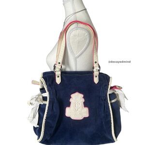 Y2K “Juicy Couture” Blue & White Velour Faux Leather Trim Dreamer Shoulder Bag